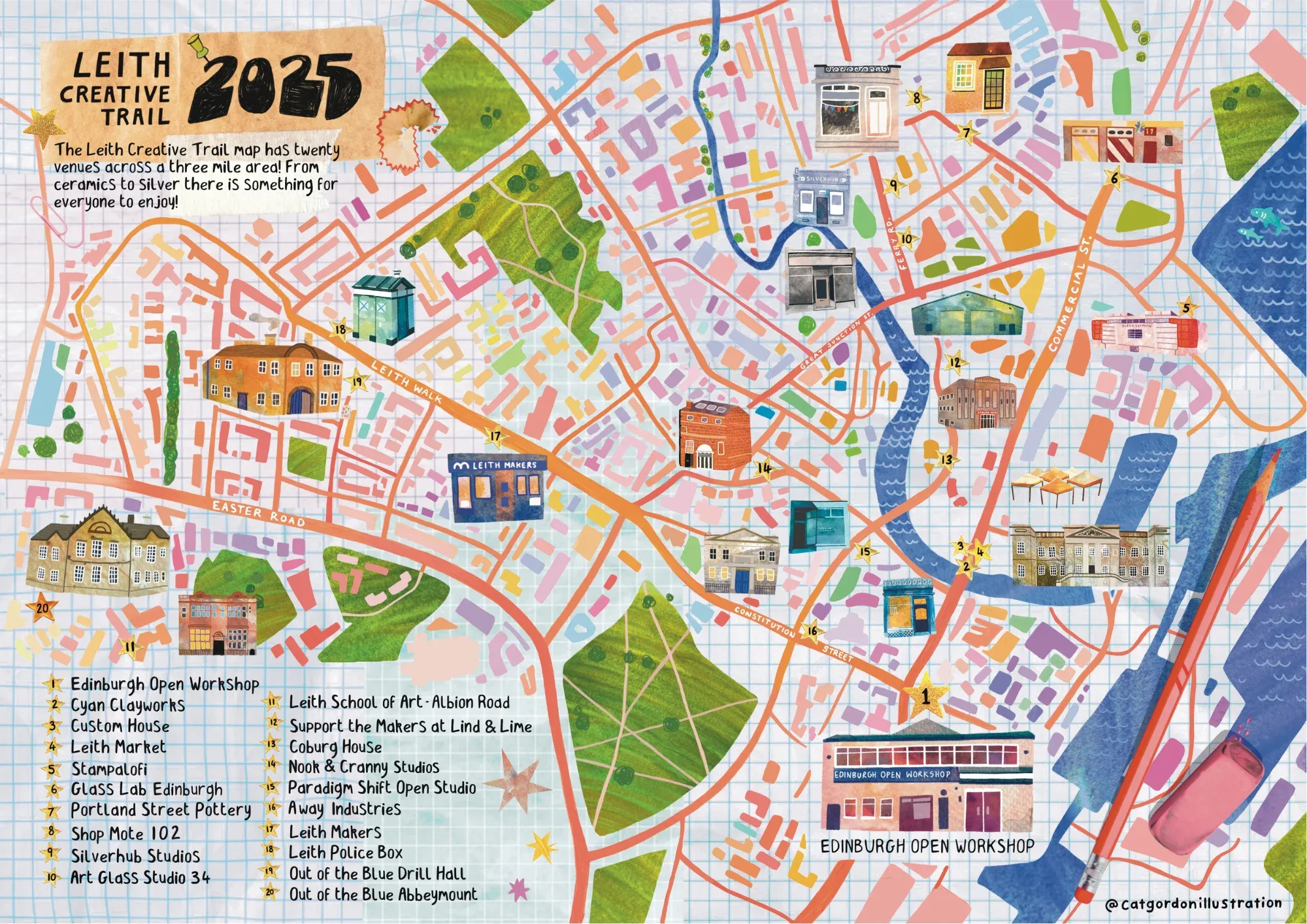 A colourful illustrated map of Leith in Edinburgh. 