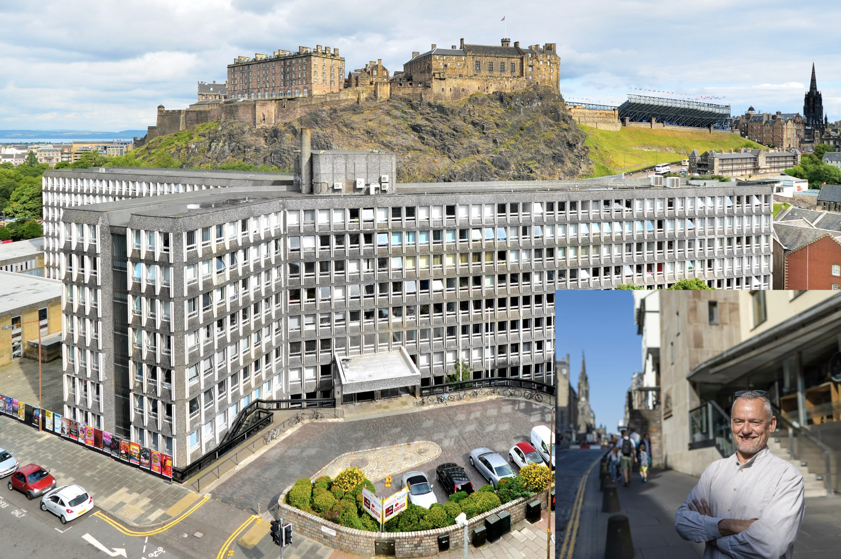 A large office building in the foreground and a castle in the background, plus an inserted overlay image of a person standing in a street.