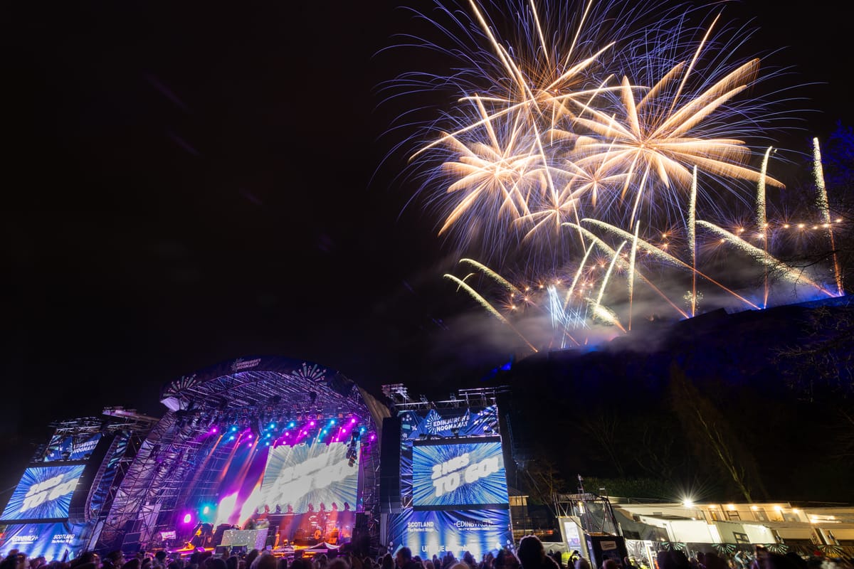 Fireworks at a castle above a stage.