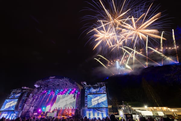 Fireworks at a castle above a stage.