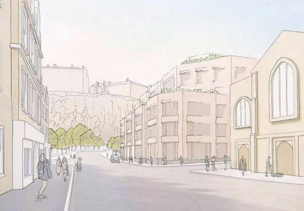 An illustration of buildings amid a city street. 